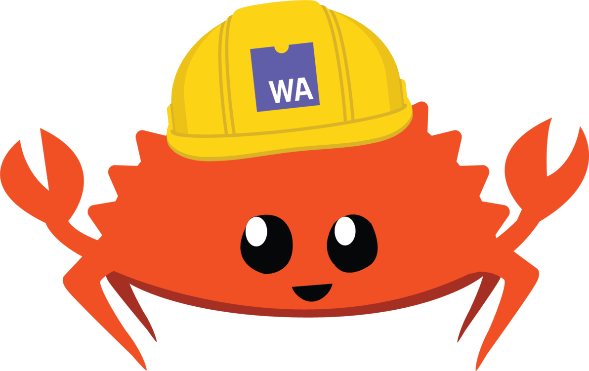 The Rust mascot Ferris the crab, wearing a hardhat with the WebAssembly logo.